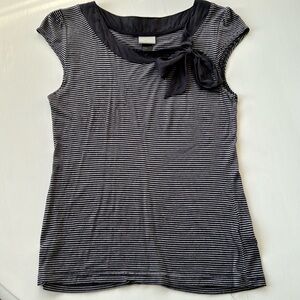 H&M Navy Blue White Stripe T Shirt Blouse. Cap sleeve. Ribbon Tie Collar. S